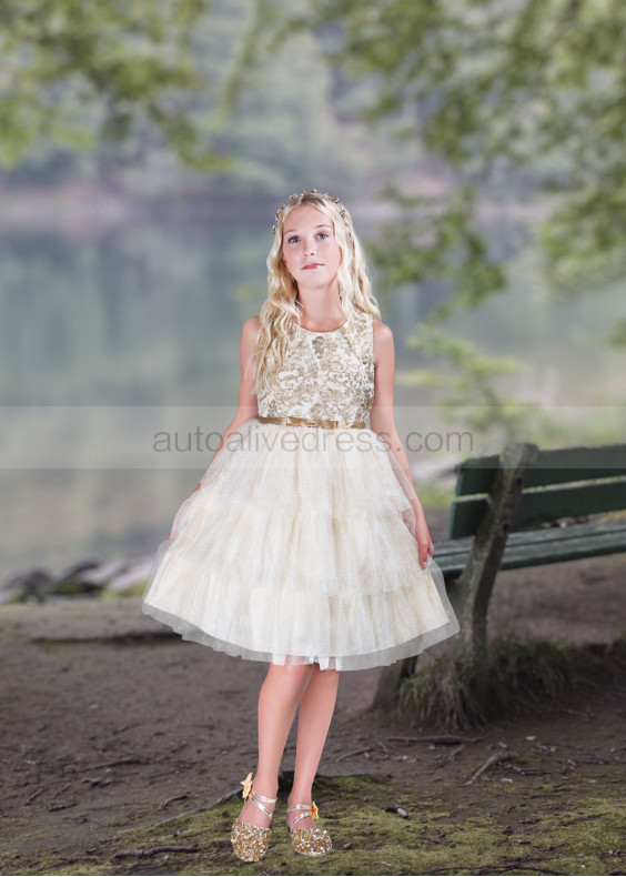 Gold Lace Glitter Tulle Tiered Gorgeous Flower Girl Dress